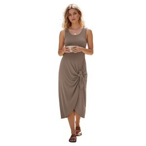 Taupe Knot Front Midi Dress Minimalist Sleeveless Modal Blend Neutral Medium